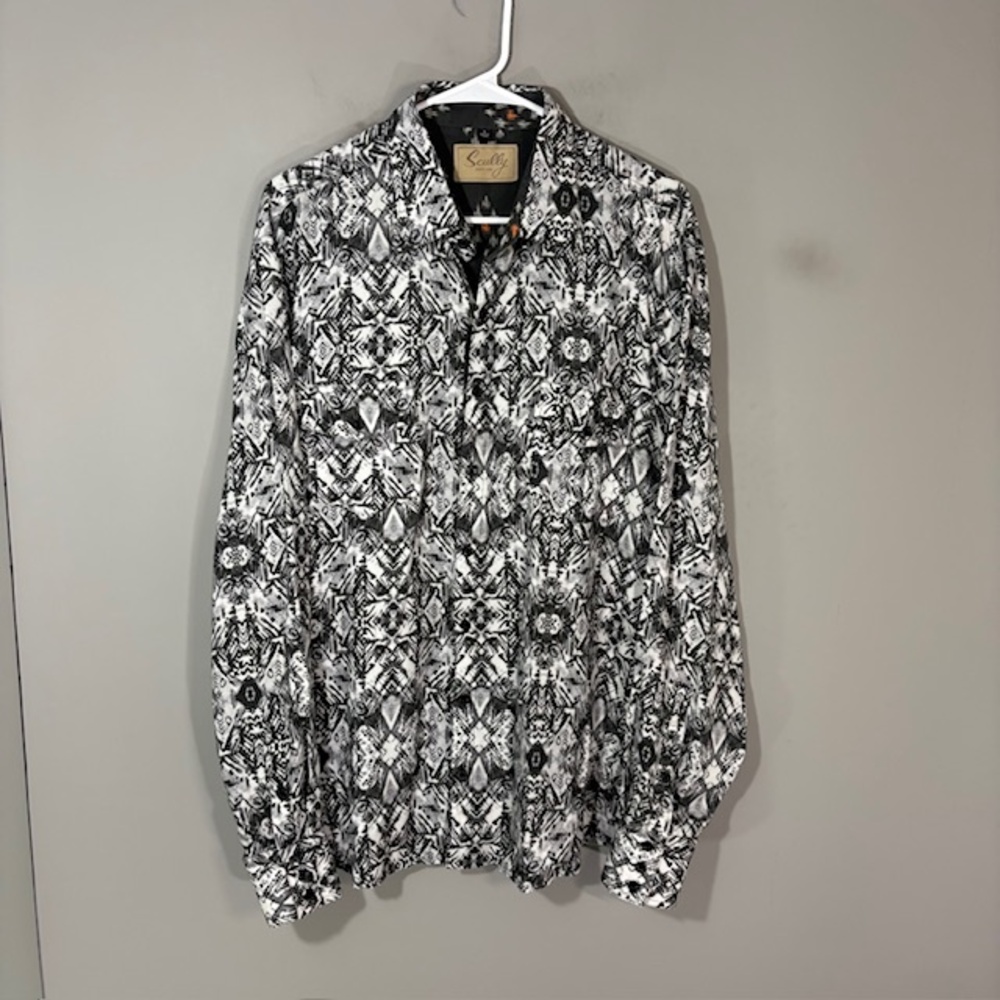 Scully Shirt Mens Large Black Geometric Long Sleeve Button Up Tencel Casual